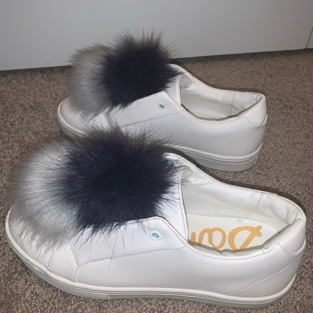White Sam Edelman Sneakers with Grey and Navy Poms - Picture 9 of 10